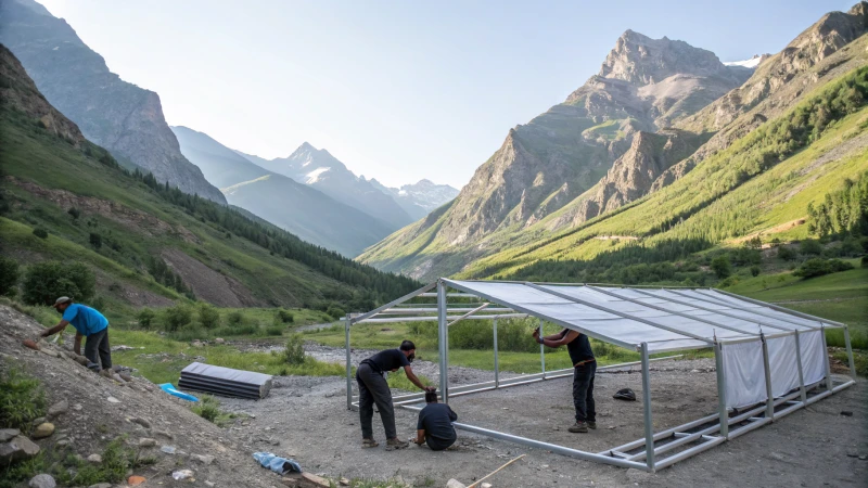 Workers assembling a modular marquee in a mountainous area