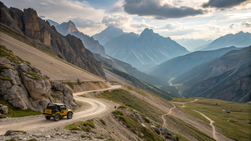 Off-road vehicles navigating a mountainous landscape