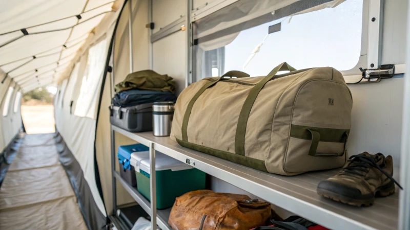 Neatly packed tent bag on a shelf in a clean storage area