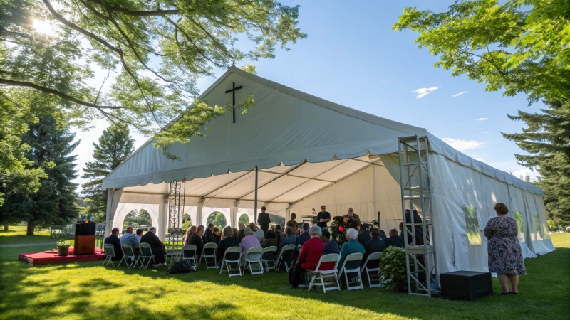 Outdoor worship service under a large white tent