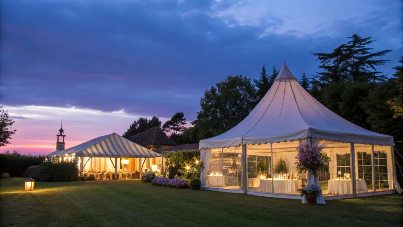 An outdoor event scene with two distinct tents and set tables