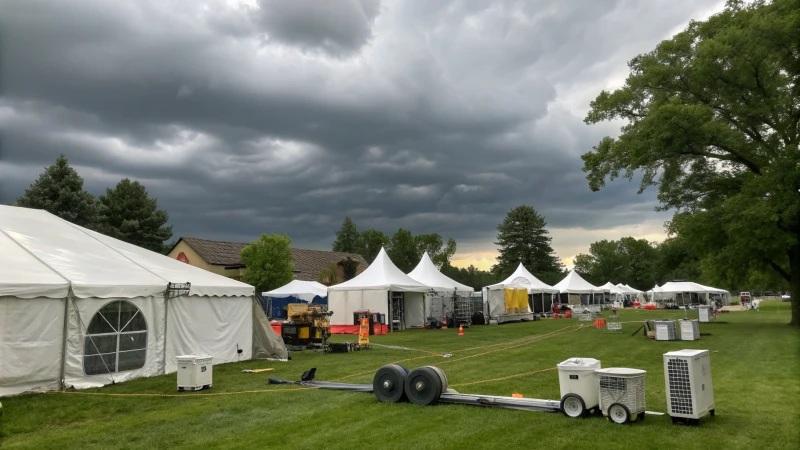 Outdoor event setup with tents under a cloudy sky