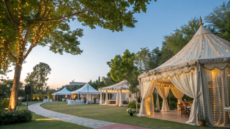 Scenic outdoor event space with marquee tents