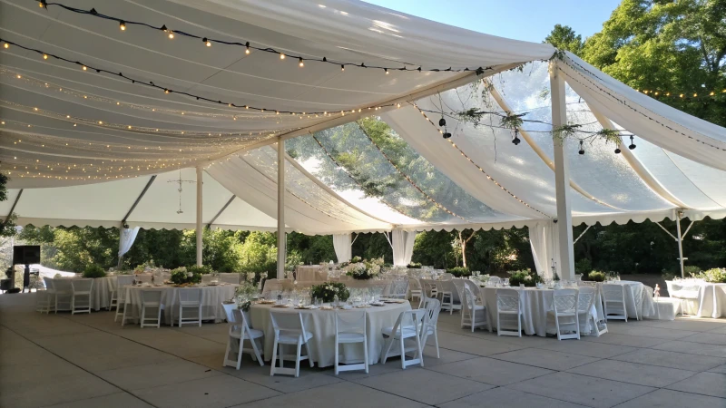 A large, elegantly decorated outdoor event tent with tables and chairs.