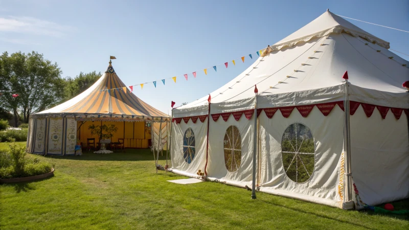 An outdoor event featuring a traditional marquee tent and a modern frame tent