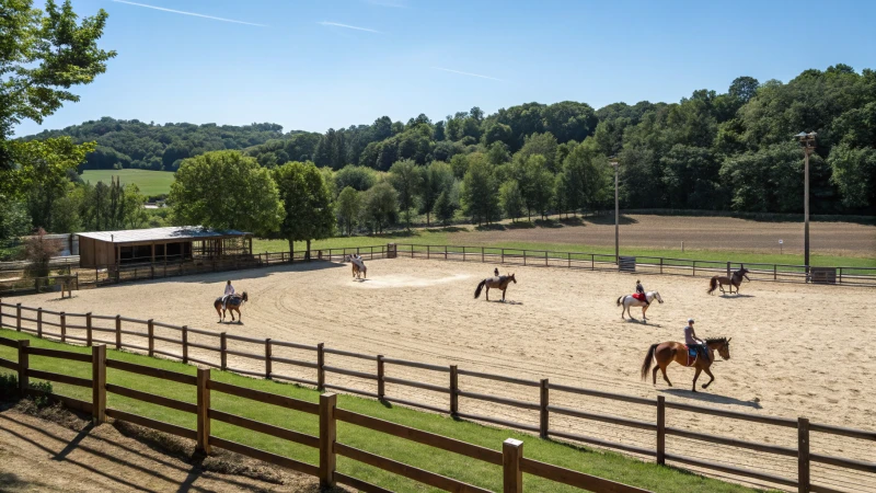 Outdoor horse arena with riders