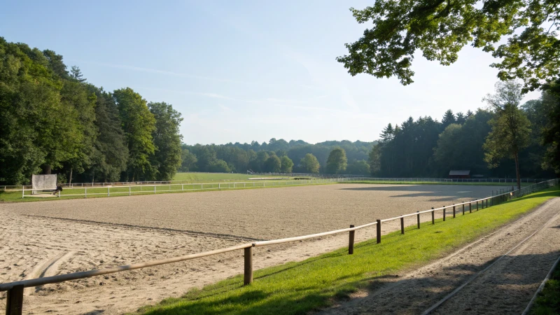 Spacious outdoor horse arena with green surroundings