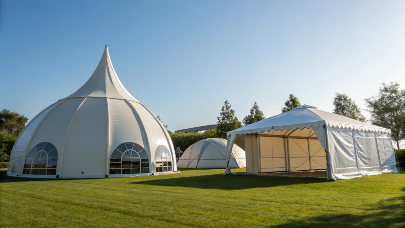 Three distinct tents in an outdoor setting