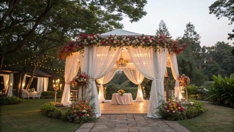 An elegantly decorated outdoor wedding tent in a garden