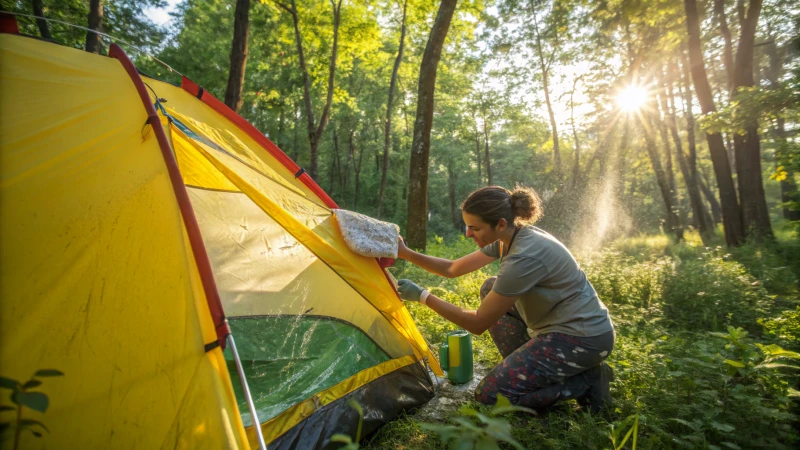 A person cleaning a tent in the forest