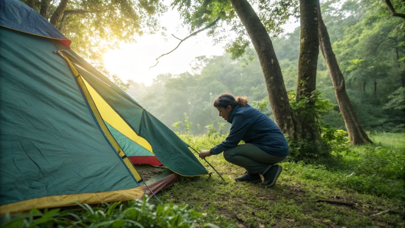 A person inspecting a camping tent in a forest