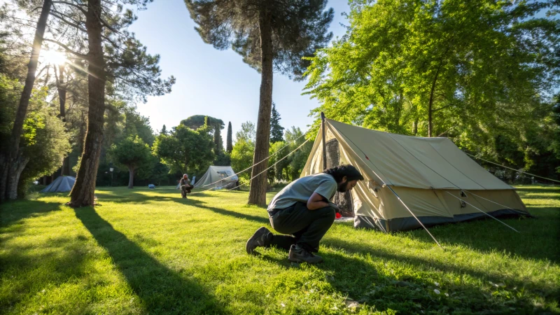 A person inspecting a tent in a park under sunlight