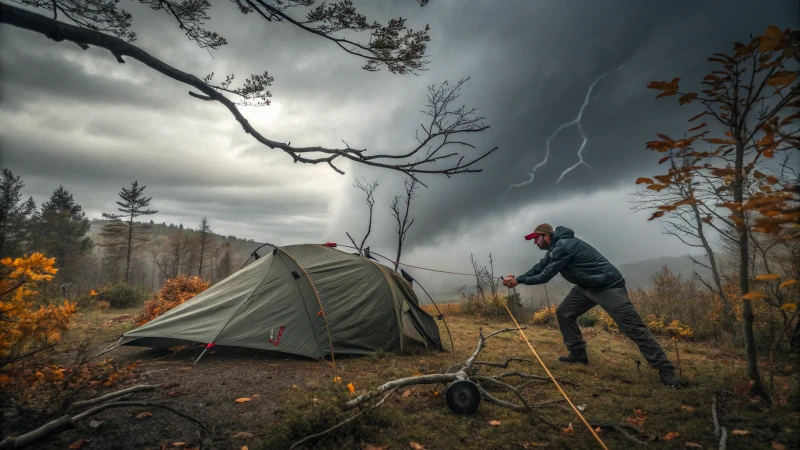 A person setting up a tent in a windy forest