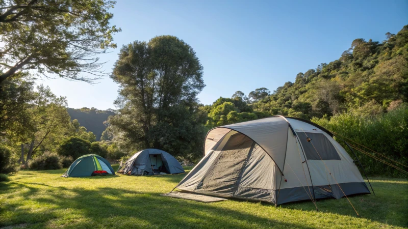 A campsite with various tents in a green landscape