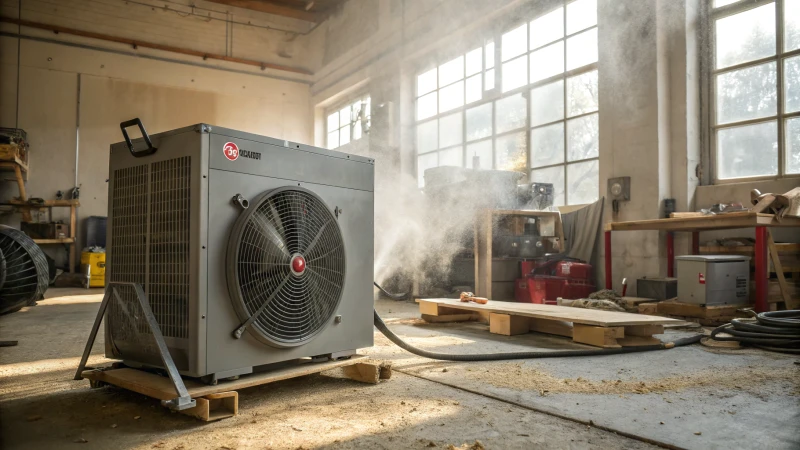 A metallic gray portable ventilation unit in a busy workshop with tools and wood materials