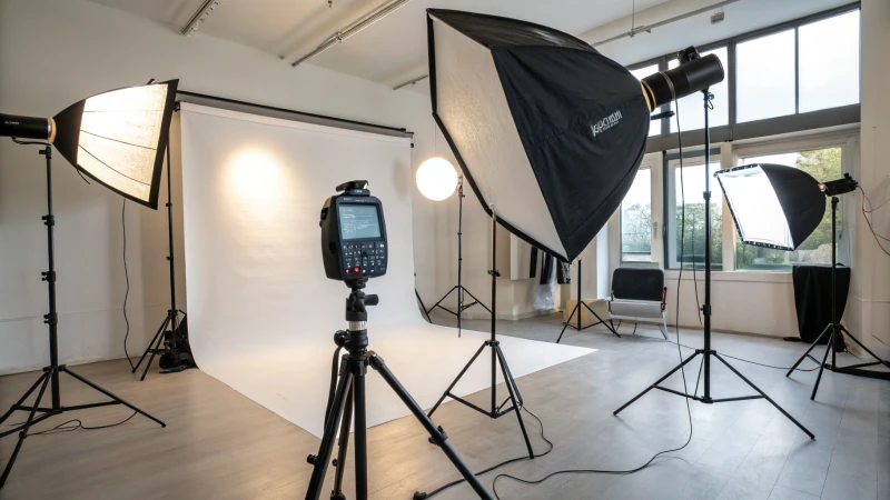 A well-organized professional photography studio with soft lighting