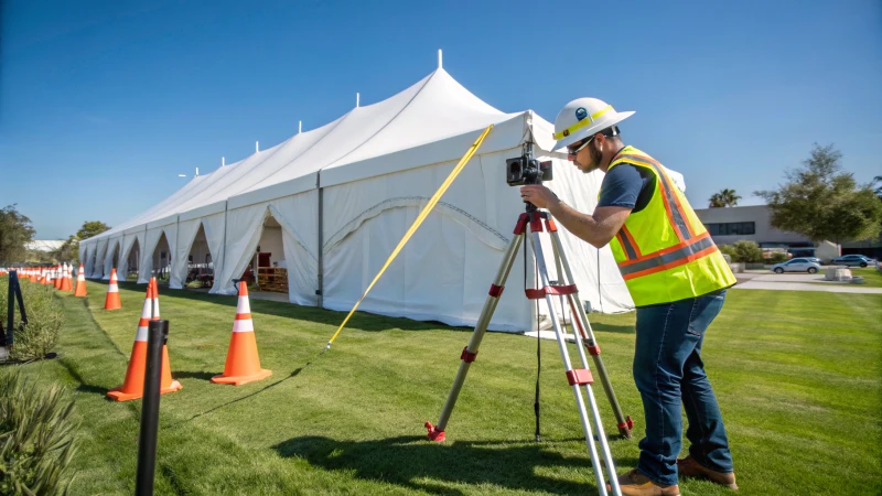 Safety inspector checking a large white tent outdoors