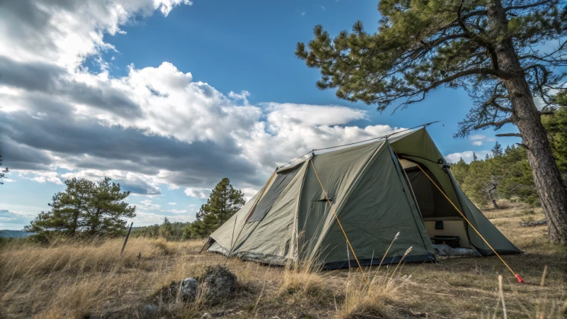 A sturdy tent anchored in a windy campsite with trees in the background