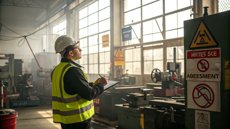 A safety officer conducting a risk assessment in an industrial setting.