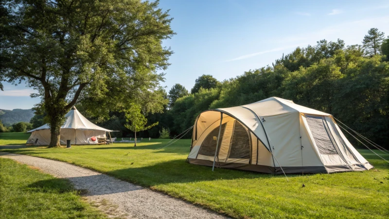 A serene camping scene with a frame tent and a marquee tent surrounded by trees