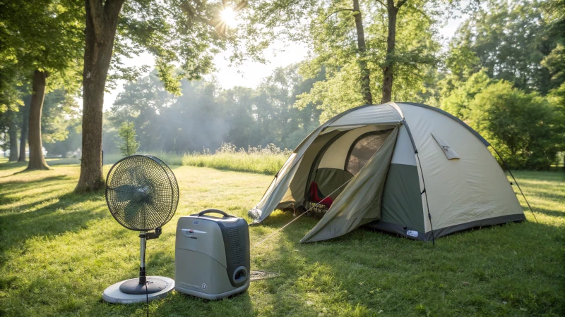 A peaceful camping scene with a tent and cooling devices