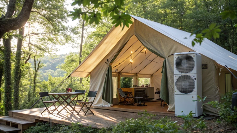 A spacious camping tent in a lush green forest with modern HVAC system