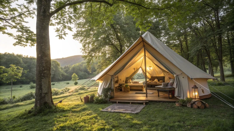 Large camping tent in a serene forest