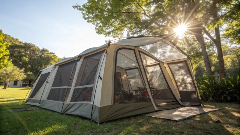 A spacious camping tent surrounded by greenery
