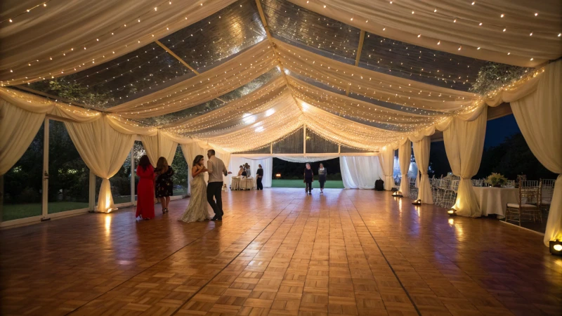 A spacious party tent with guests dancing inside