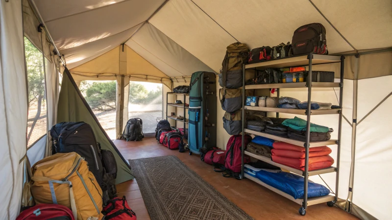 Interior of a tall camping tent filled with organized gear