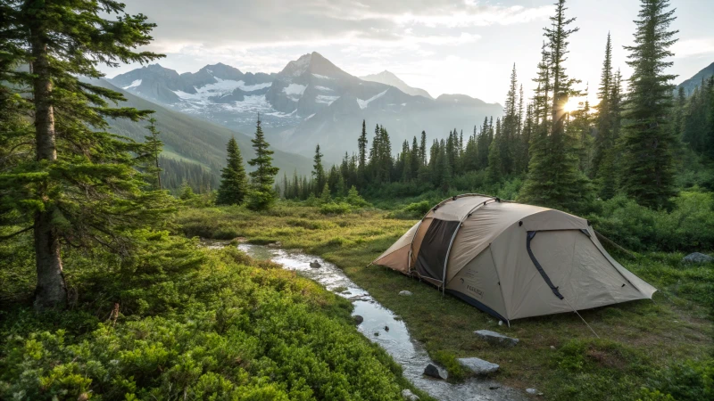 A sturdy tent in a forested area with mountains in the background