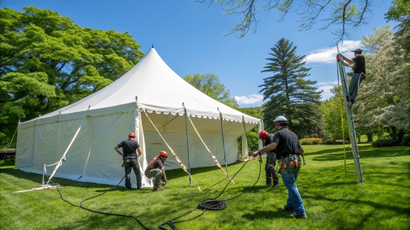 A team of workers installing a large white tent in a green park