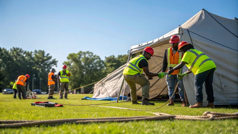 Diverse team in safety gear setting up a tent