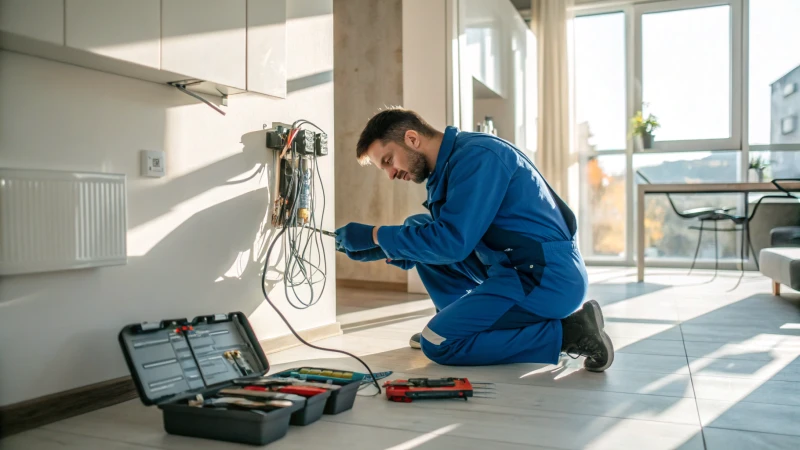 A technician repairing electrical wiring in a home