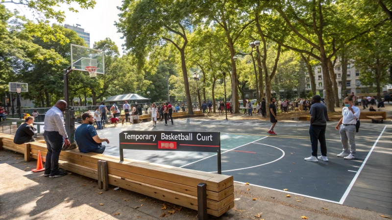 A temporary basketball court in a public park with people discussing around it.