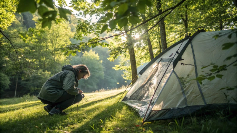 Person inspecting a camping tent in a natural setting