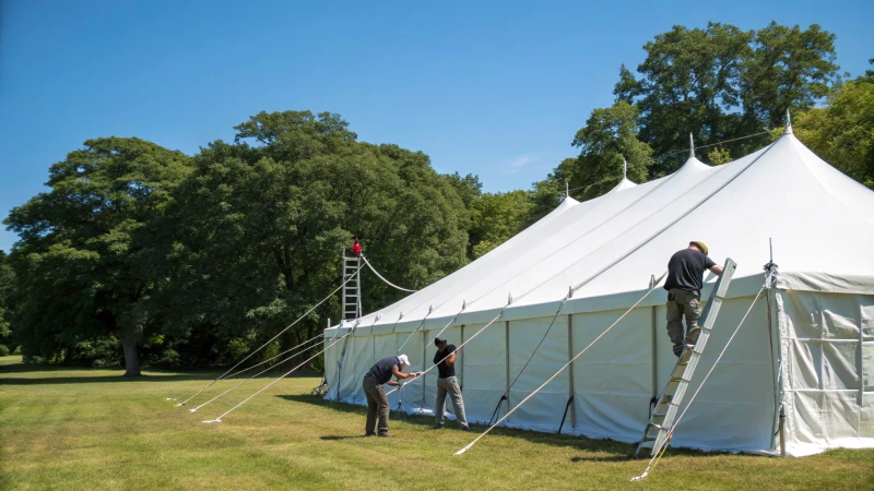 Professional installation team setting up a large white tent in an outdoor field