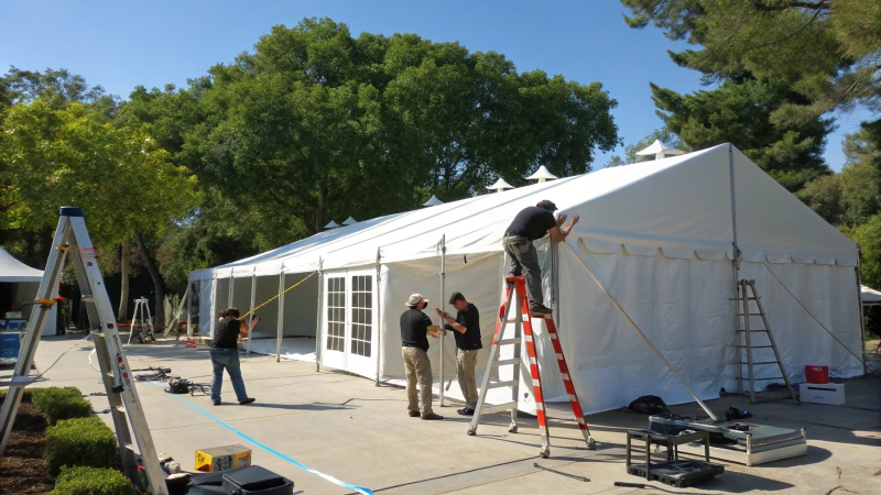 A team of professionals installing a large white tent outdoors