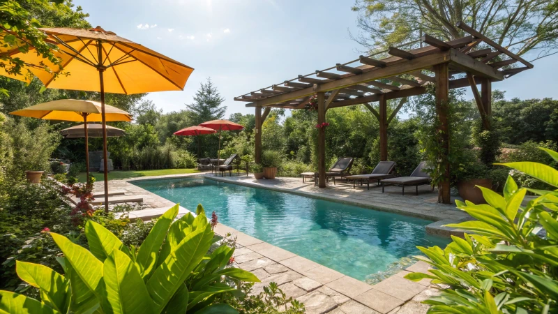 A serene outdoor swimming pool surrounded by lush greenery and a wooden pergola.