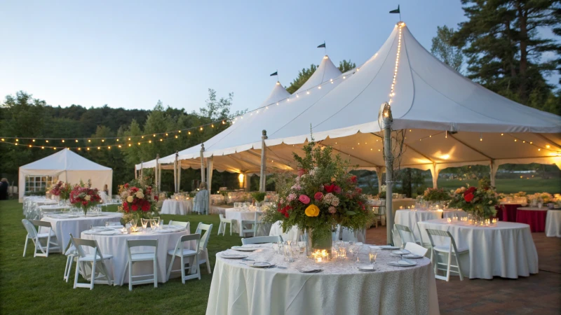 A beautifully decorated outdoor wedding tent