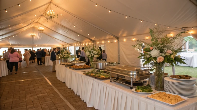 An elegantly arranged buffet table in a spacious wedding tent with guests mingling.