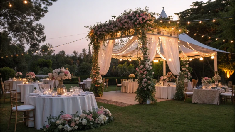 A beautifully decorated wedding tent with floral arrangements and fairy lights