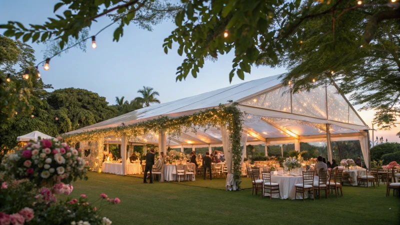 Elegant outdoor wedding tent filled with guests