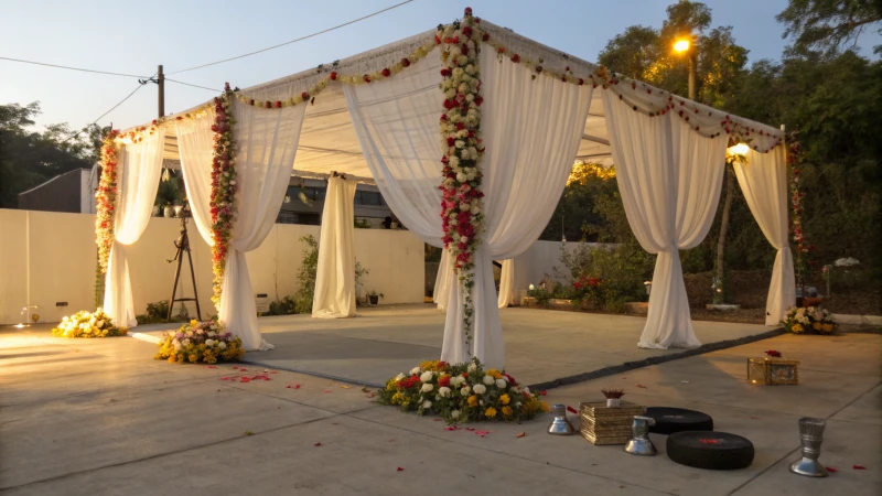 A beautifully decorated wedding tent on a concrete slab with floral arrangements