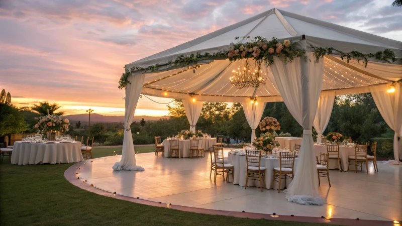 A beautifully decorated wedding tent in an outdoor setting at sunset.